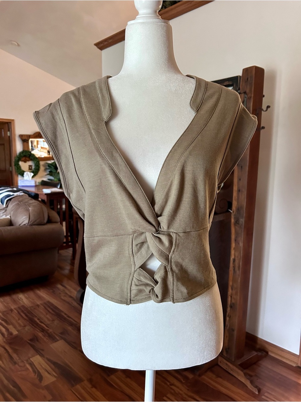 Gilded Intent Olive-Taupe Knot-Front Crop Top